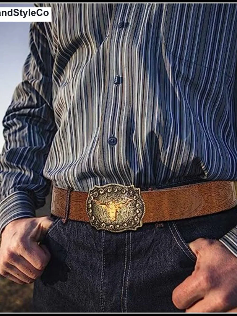 Western Cowboy Belt with Bull Buckle Vintage Engraved PU Leather